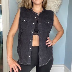 Western Corduroy Pearl Button Raw Hem Black Vest Small